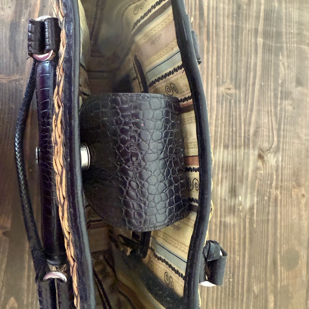 Vintage Brighton Straw & Leather Purse Tote Bag Woven Braided Straps-Tan Black - Picture 9 of 16